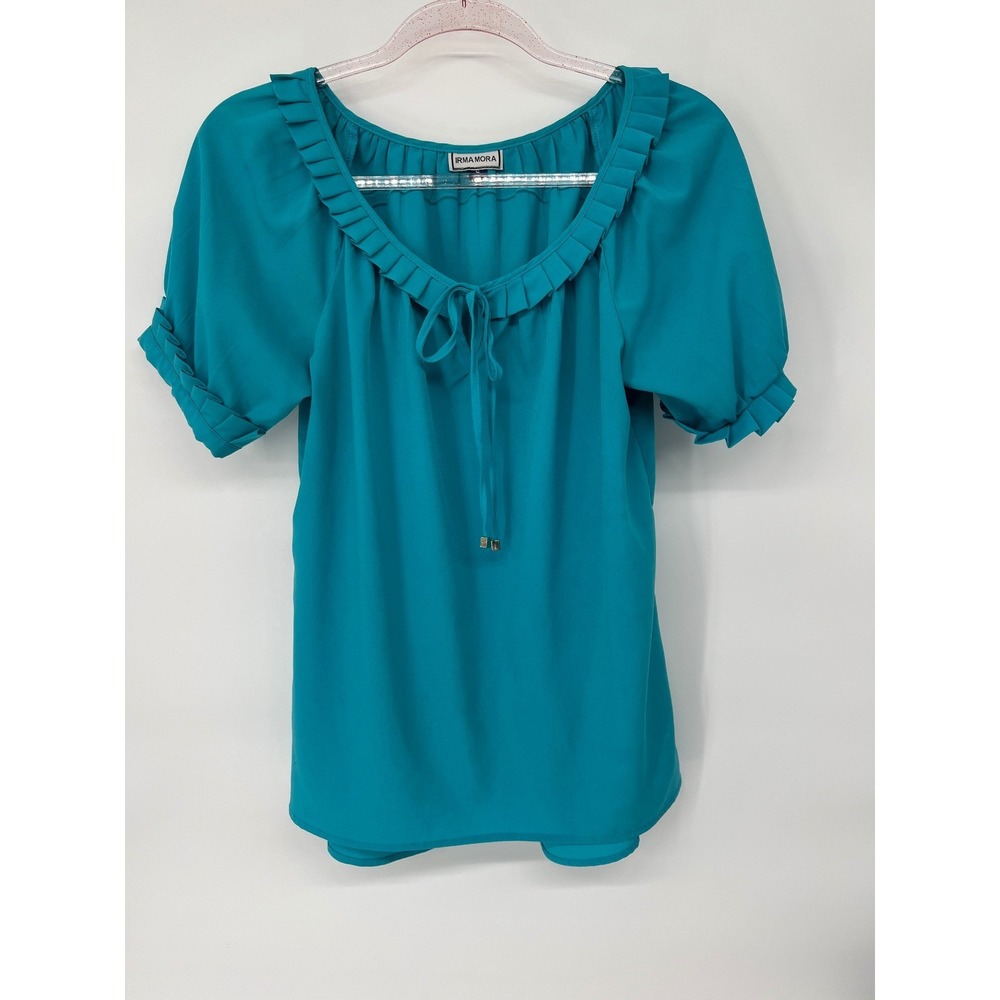 Irma Mora Women's Top Size S Teal Blue Ruffle Trim Short Sleeve Blouse